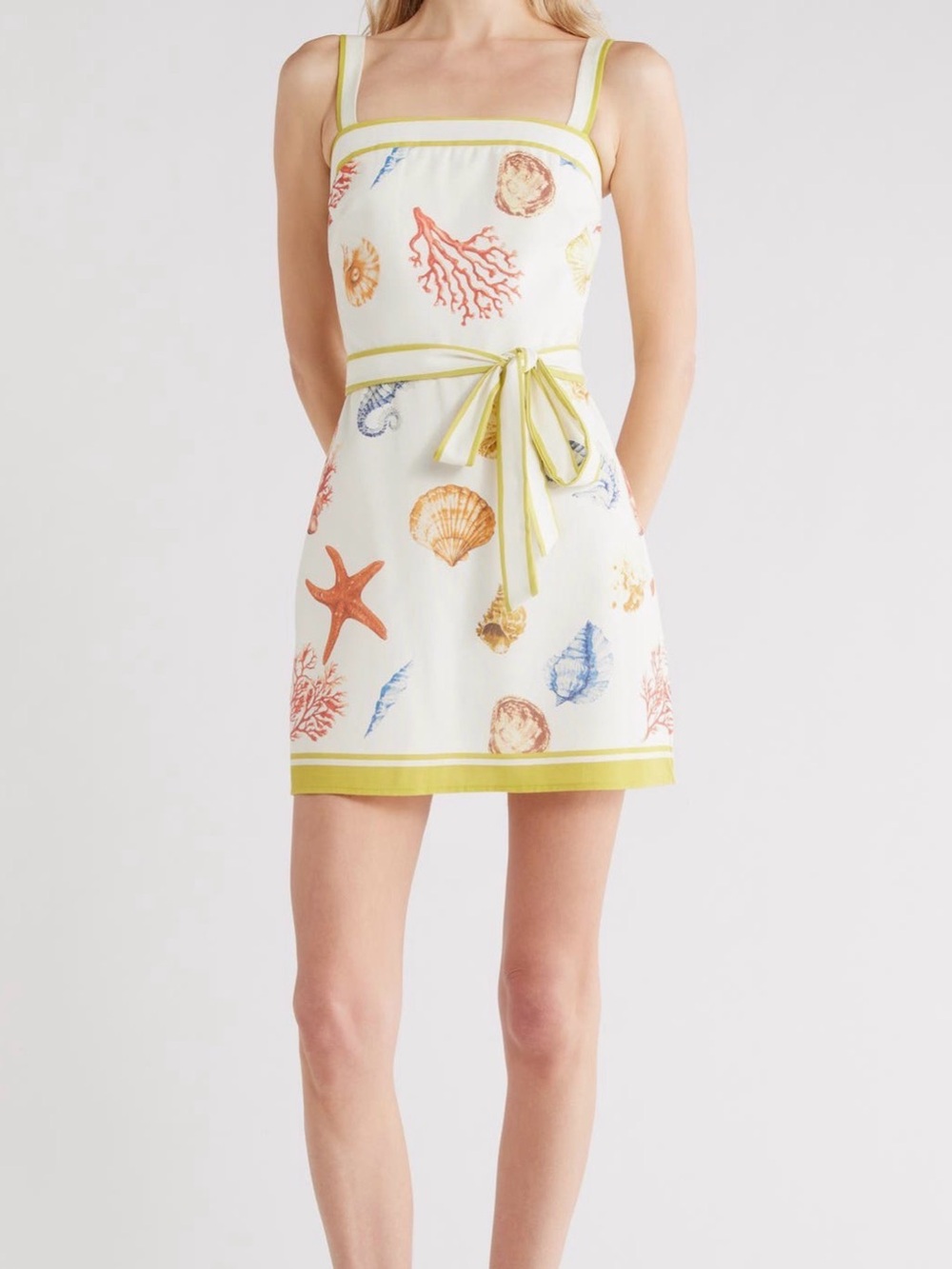 Flying Tomato White Seashell Print Mini Dress with Yellow Trim